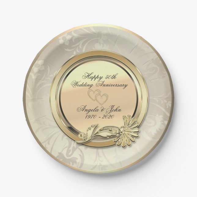 Elegant Gold Hearts Floral 50th Wedding Anniversar Paper Plate (Front)