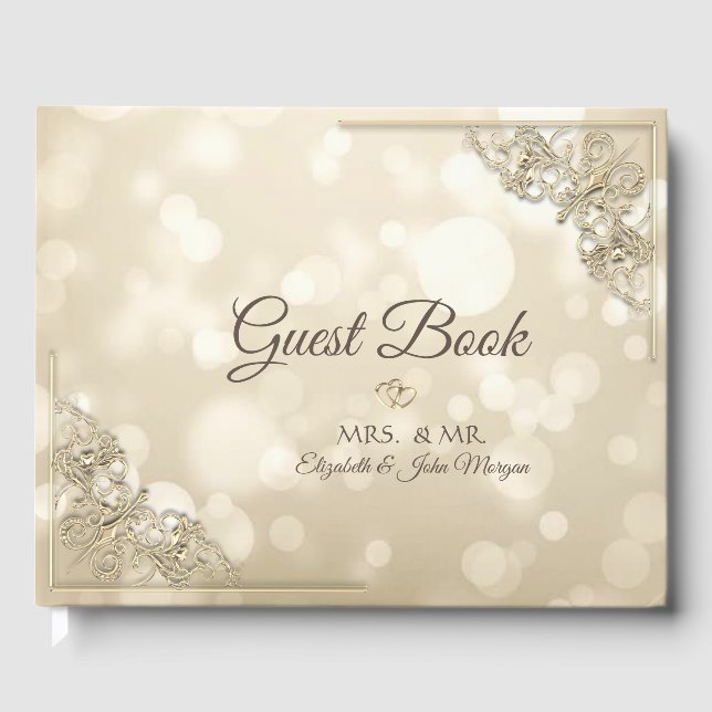 Elegant Gold Hearts Frame Bokeh Wedding Guest Book (Front)