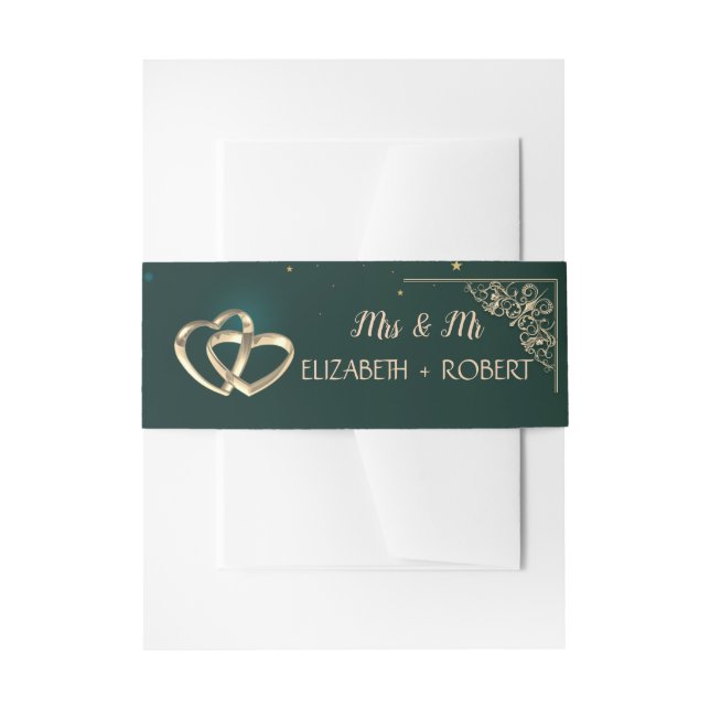 Elegant Gold Hearts Frame Green Invitation Belly Band (Front Example)