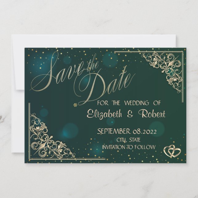 Elegant Gold Hearts Frame Green Save The Date (Front)