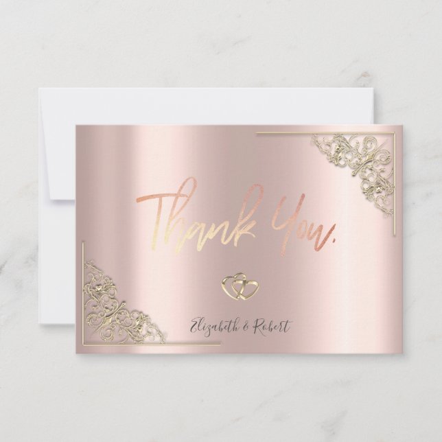 Elegant Gold Hearts Frame Rose Gold Thank You Card (Front)