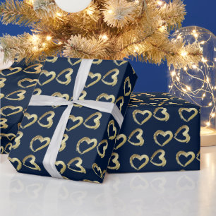 Elegant Gold Hearts on Navy Dark Blue Wrapping Paper