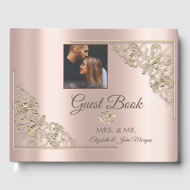 Elegant Gold Hearts Rose Gold Photo Guest Book (Front)