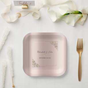 Elegant Gold Hearts Rose Gold Wedding  Paper Plate