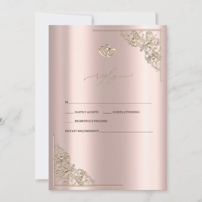 Elegant Gold Hearts Rose Gold Wedding RSVP   Invitation (Front)