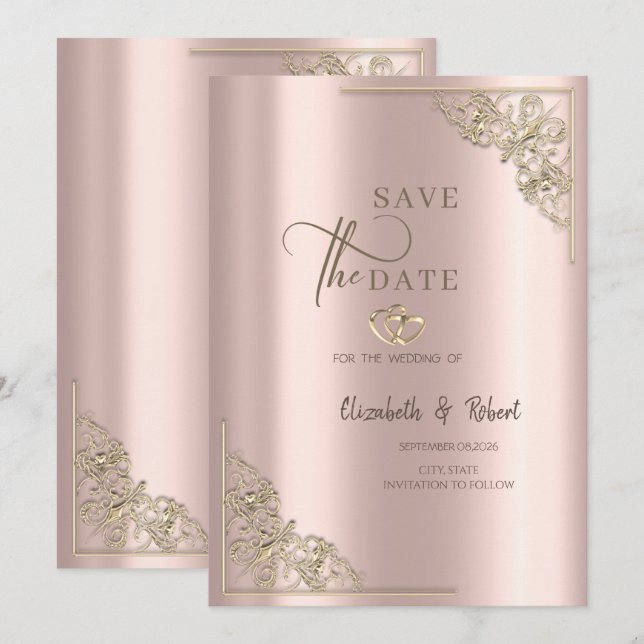 Elegant Gold Hearts Rose Gold Wedding Save The Date (Front/Back)
