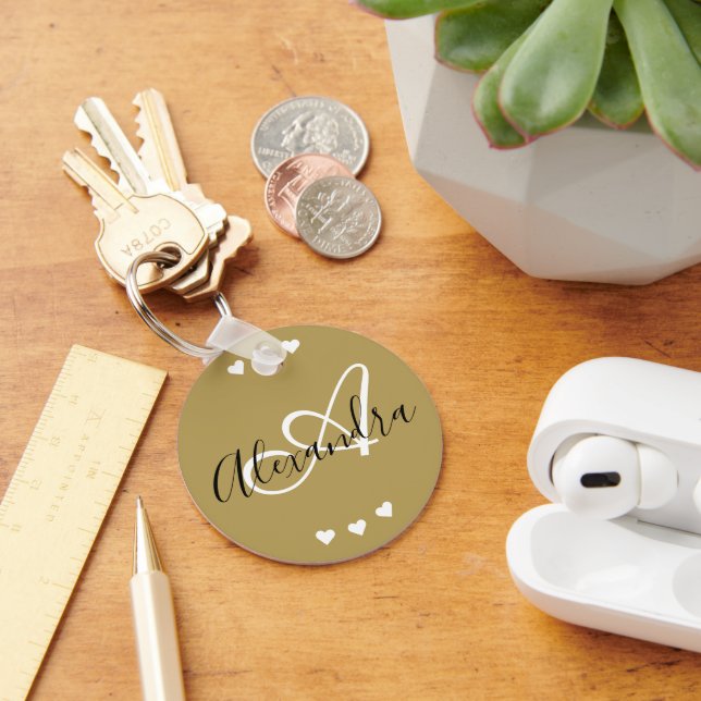 Elegant Gold Hearts Script Monogram Name Key Ring (Desk)