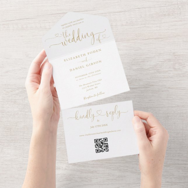 Elegant Gold Hearts Script QR Code Wedding All In One Invitation (Tearaway)