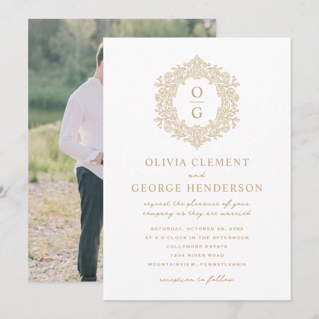 Elegant Gold Heirloom Crest Wedding Invitation (Front/Back)