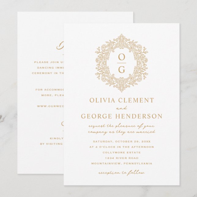 Elegant Gold Heirloom Crest Wedding Invitation (Front/Back)