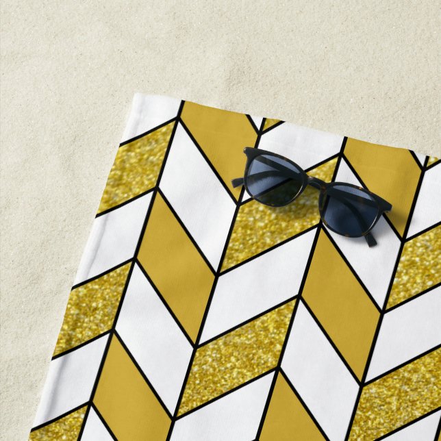 Elegant Gold Herringbone Chevron Pattern Beach Towel (In Situ)