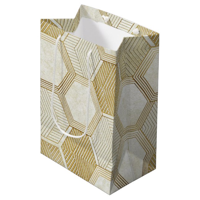 Elegant Gold Hexagon Geometric Pattern - Marble 2 Medium Gift Bag (Front Angled)