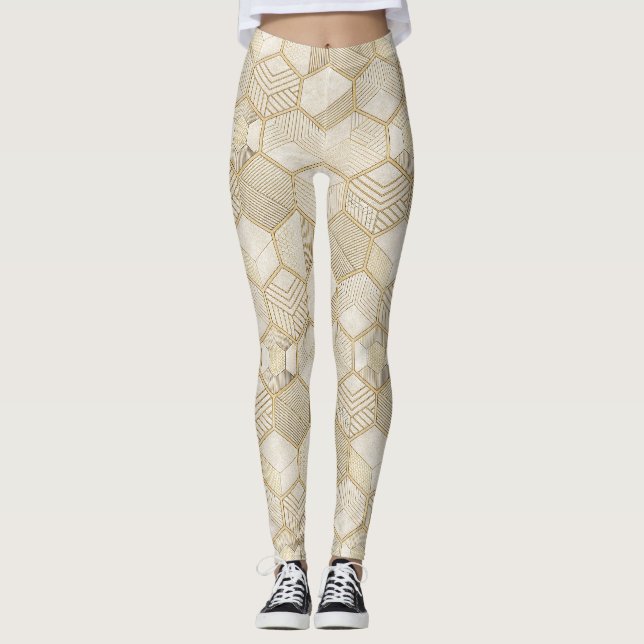 Elegant Gold Hexagon Geometric Pattern - Marble 3 Leggings (Front)