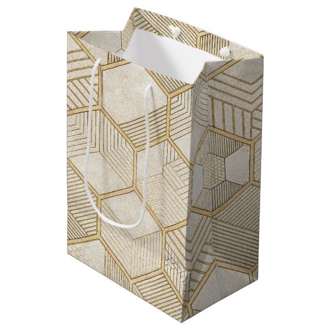 Elegant Gold Hexagon Geometric Pattern - Marble 3 Medium Gift Bag (Front Angled)