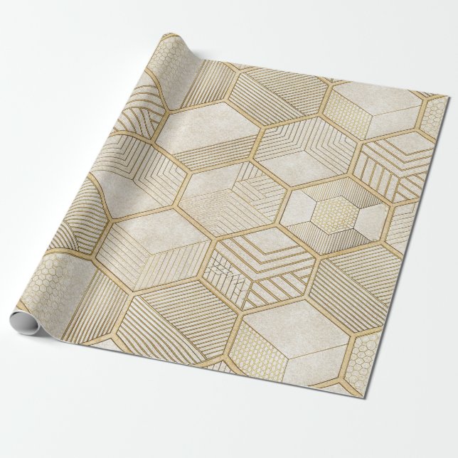 Elegant Gold Hexagon Geometric Pattern - Marble 3 Wrapping Paper (Unrolled)