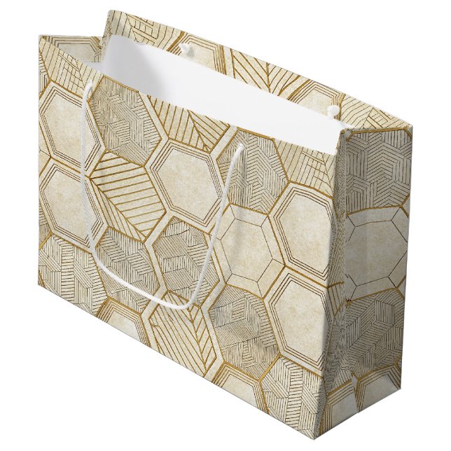 Elegant Gold Hexagon Geometric Pattern - Marble Large Gift Bag (Front Angled)