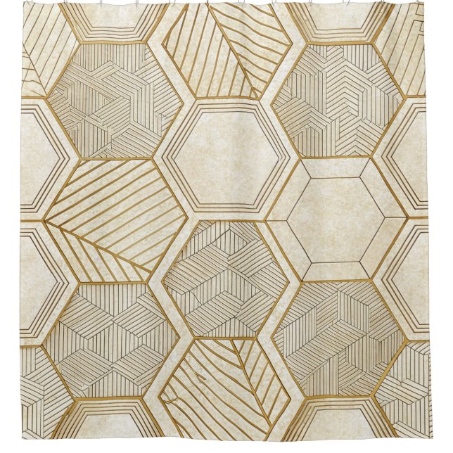 Elegant Gold Hexagon Geometric Pattern - Marble Shower Curtain (Front)