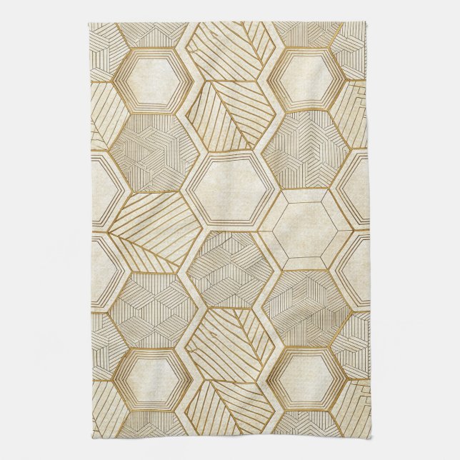 Elegant Gold Hexagon Geometric Pattern - Marble Tea Towel (Vertical)