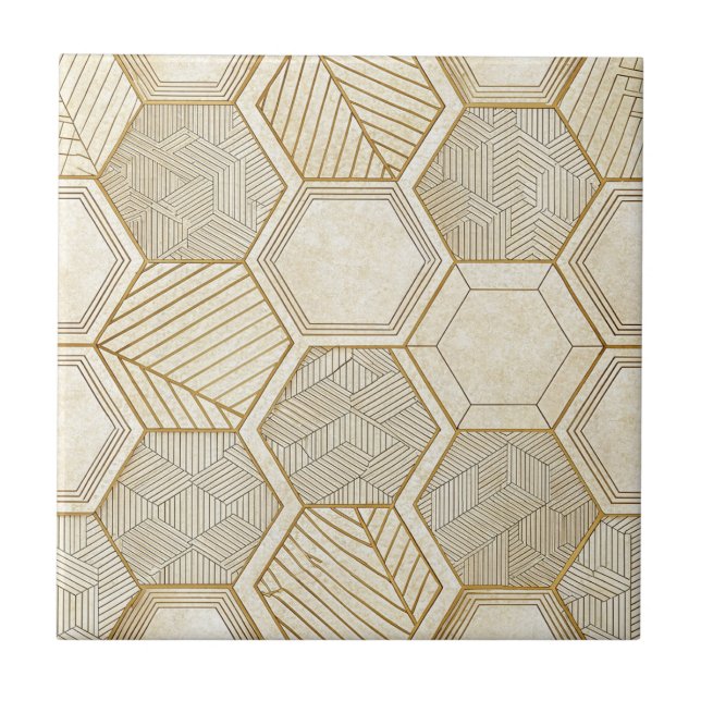 Elegant Gold Hexagon Geometric Pattern - Marble Tile (Front)
