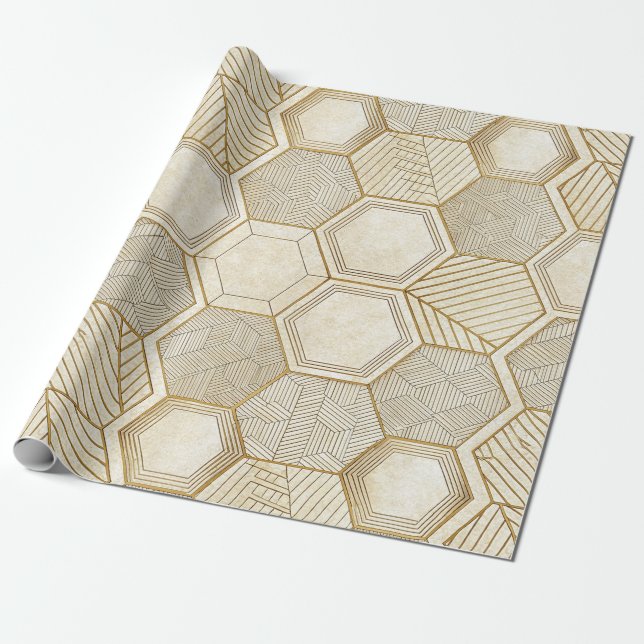 Elegant Gold Hexagon Geometric Pattern - Marble Wrapping Paper (Unrolled)