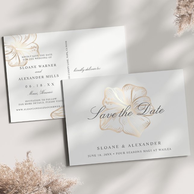 Elegant Gold Hibiscus Flower Wedding Save the Date Announcement Postcard (Creator Uploaded)