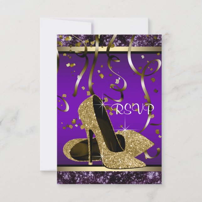 Elegant Gold High Heel Purple and Gold RSVP (Front)