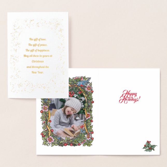 Elegant Gold Holiday Bird Wreath Photo Christmas Foil Card (Display)