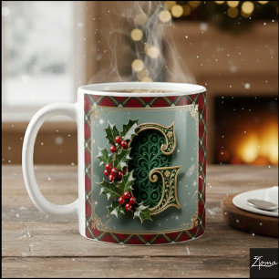 Elegant Gold Holly Christmas Initial Letter G Coffee Mug