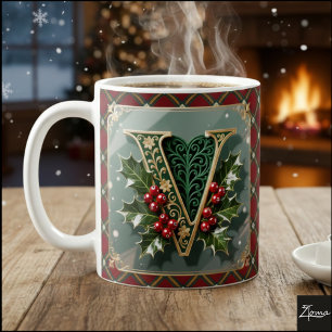 Elegant Gold Holly Christmas Initial Letter V Coffee Mug