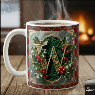 Elegant Gold Holly Christmas Initial Letter W Coffee Mug