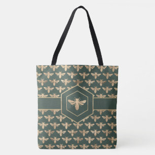 Elegant Gold HoneyBee Pattern on Dark Green Tote Bag