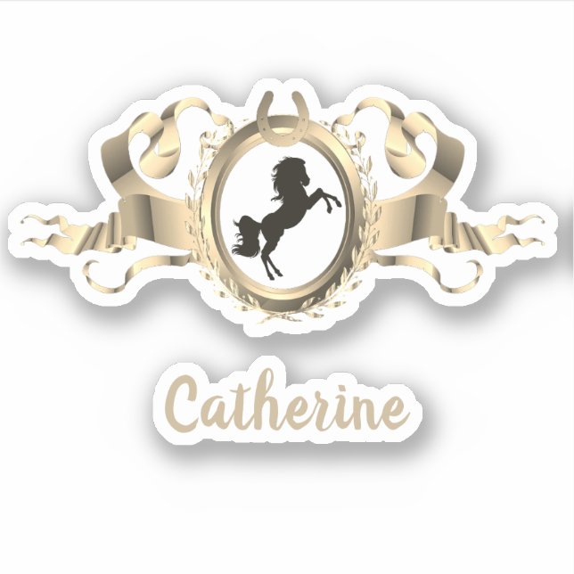 Elegant Gold Horse Ribbon Crest Name (Front)