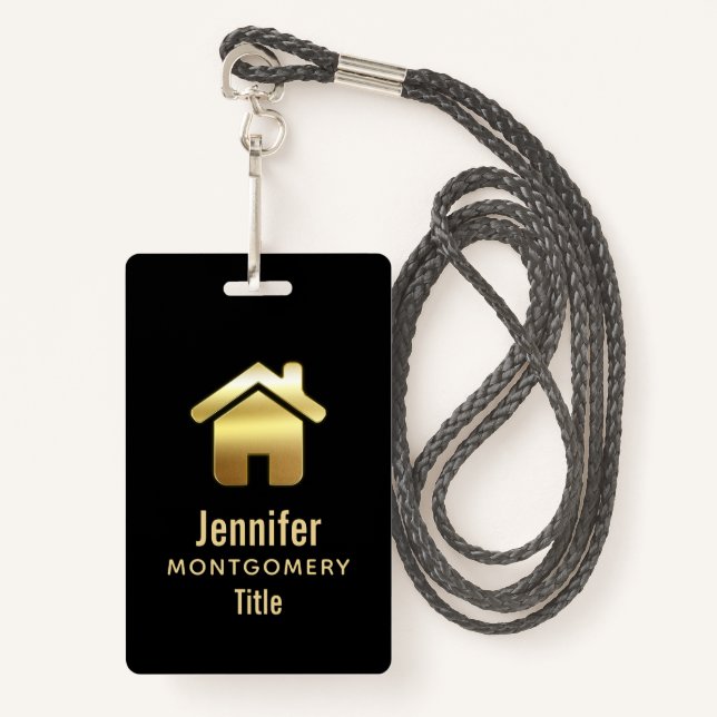 Elegant Gold House Symbol Real Estate Design ID Badge (Front with Lanyard)