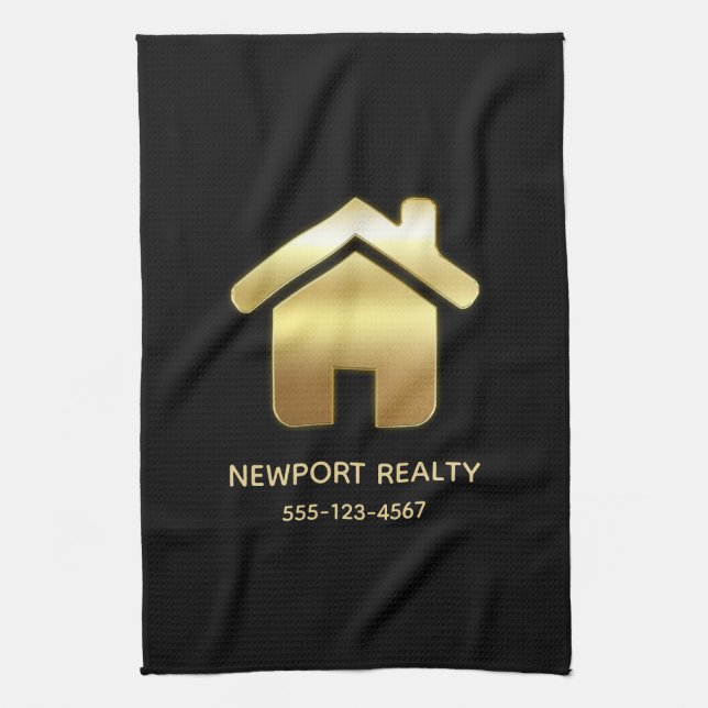 Elegant Gold House Symbol Real Estate Design Tea Towel (Vertical)