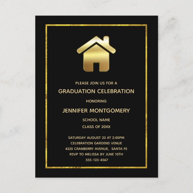 Elegant Gold House Symbol Real Estate Graduation Invitation Postcard (Front)