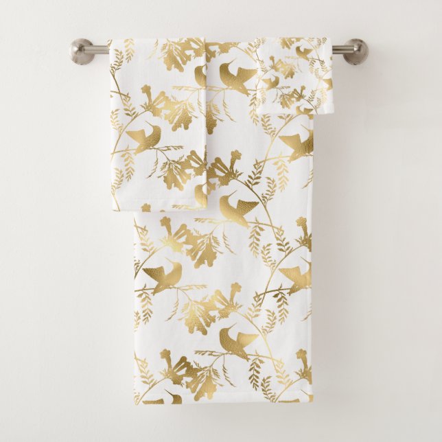 Elegant Gold Hummingbirds Glam Bath Towel Set (Insitu)