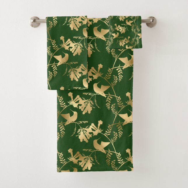 Elegant Gold Hummingbirds Glam Green Bath Towel Set (Insitu)