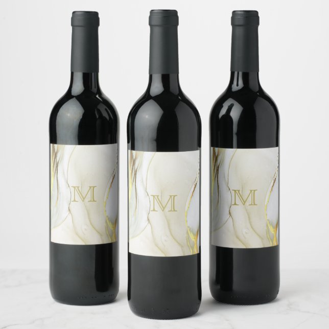 Elegant Gold Ink Abstract Pattern Monogram Wine Label (Bottles)