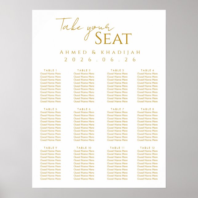 Elegant Gold Islamic Wedding Seating Chart Poster (Front)