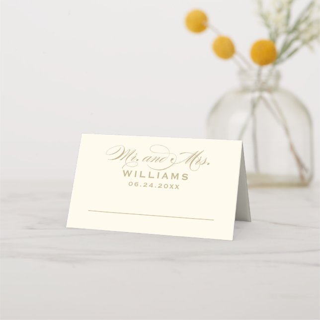 Elegant Gold Ivory Calligraphy Wedding Monogram Place Card (Front)
