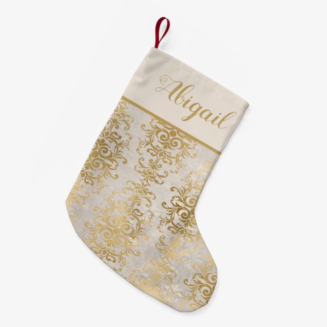 Elegant Gold Ivory Damask Personalised Small Christmas Stocking (Front (Hanging))