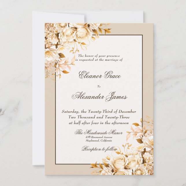 Elegant Gold & Ivory Floral Formal Wedding Invitation (Front)