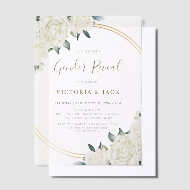Elegant Gold Ivory Floral Greenery Gender Reveal Vellum Invitations (Offset)