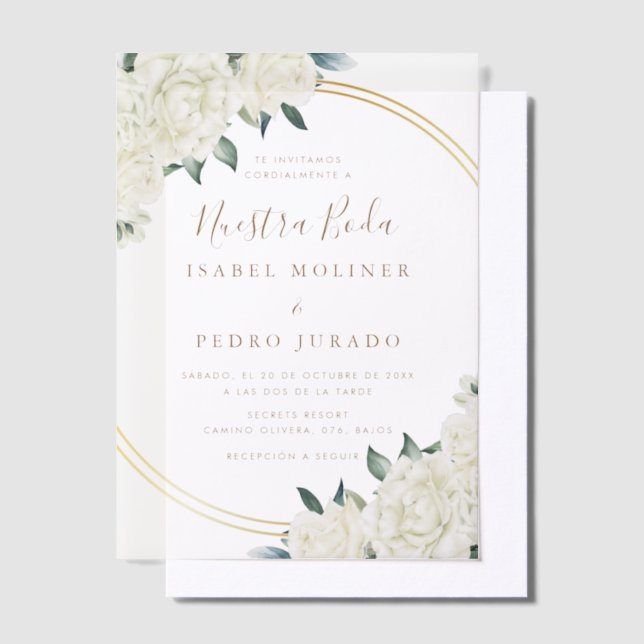 Elegant Gold Ivory Floral Nuestra Boda Wedding Vellum Invitations (Offset)