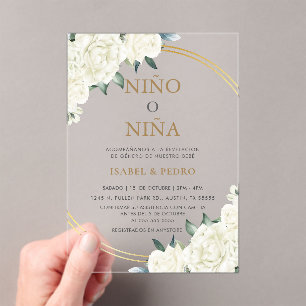 Elegant Gold Ivory Floral Spanish Gender Reveal Acrylic Invitations