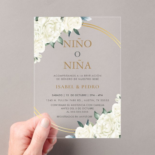 Elegant Gold Ivory Floral Spanish Gender Reveal Acrylic Invitations (Insitu (Handheld))