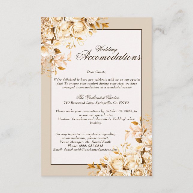 Elegant Gold & Ivory Floral Wedding accommodations Enclosure Card (Front)