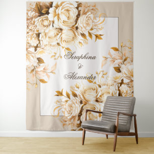 Elegant Gold & Ivory Floral Wedding Backdrop Tapestry