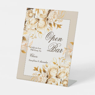 Elegant Gold Ivory Floral Wedding Bar Tabletop Pedestal Sign