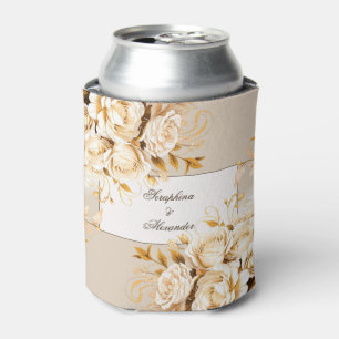 Elegant Gold & Ivory Floral Wedding Can Cooler